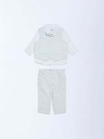HOP Baby Blue Striped Cotton Shirt, Waistcoat, Trousers & Bow Set