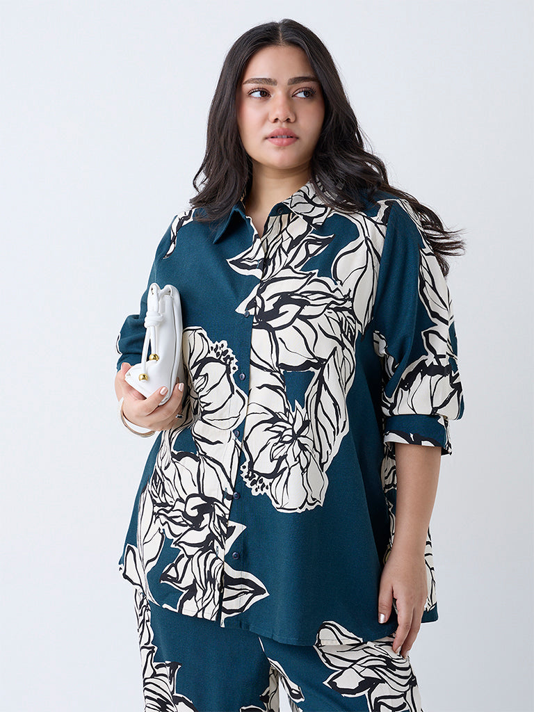 Gia Teal Foliage Printed Shirt