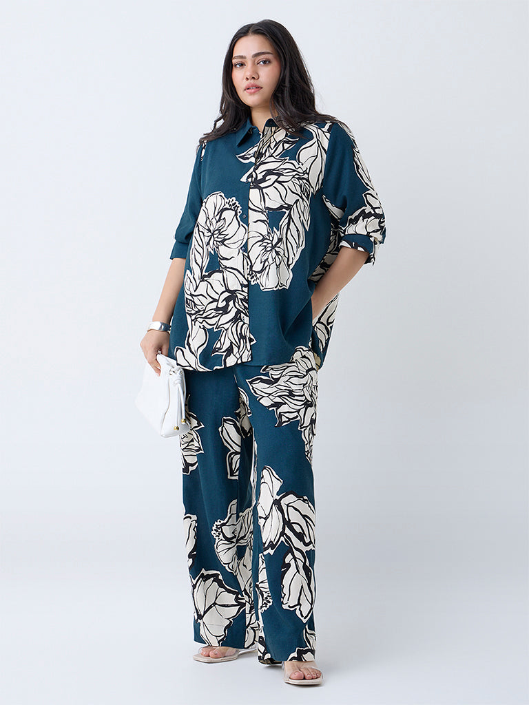Gia Teal Foliage Printed High-Rise Trousers