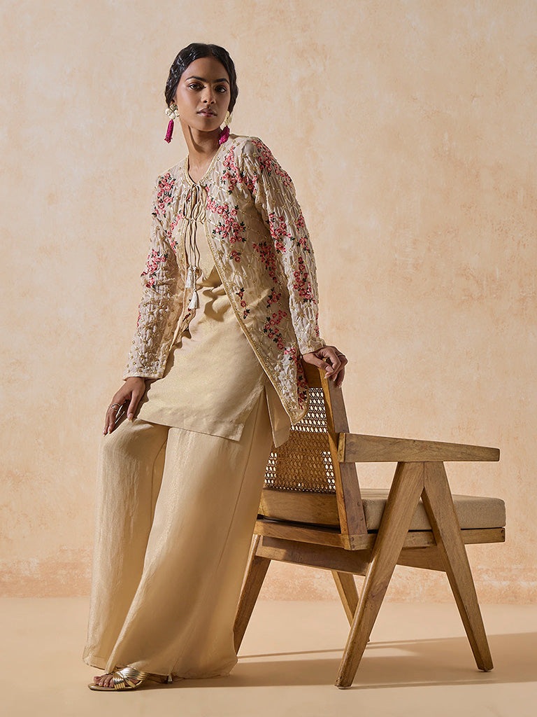 Floral Beige Embroidered Kurta