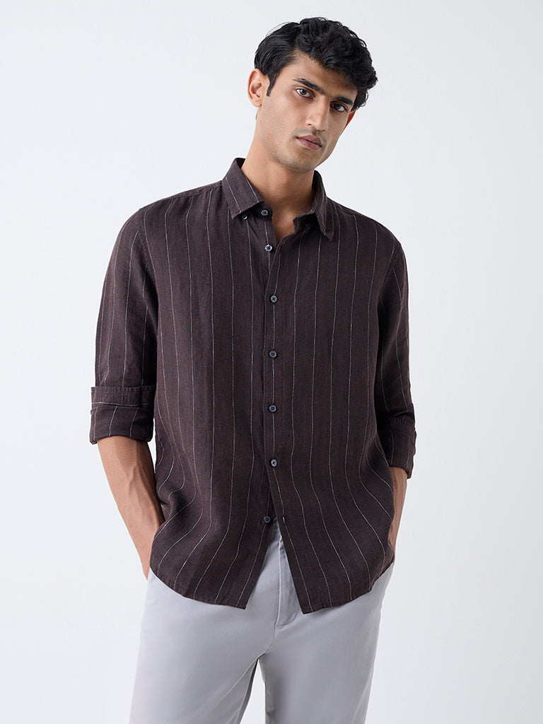 Ascot Dark Brown Striped Relaxed-Fit Linen Shirt