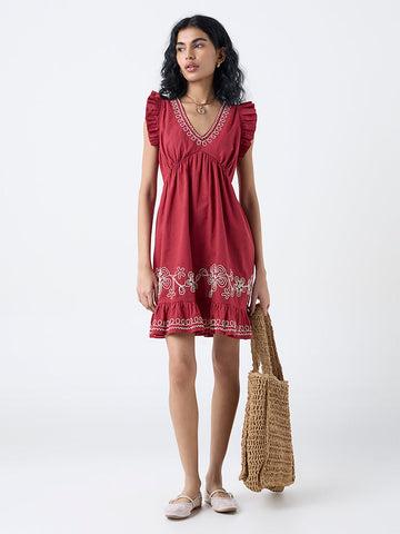 Bombay Paisley Maroon Embroidered Cotton-Blend A-Line Dress