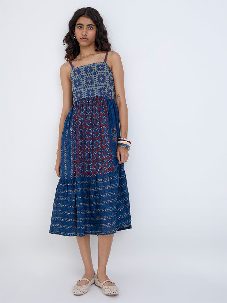 Bombay Paisley Blue Printed Cotton Tiered Dress