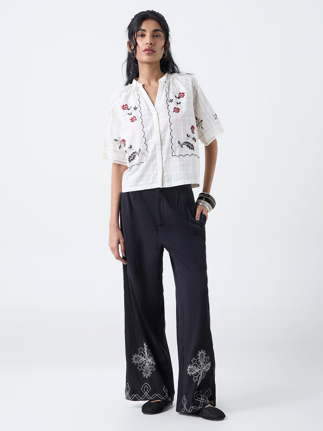 Bombay Paisley Off-White Floral Embroidered Cotton Shirt