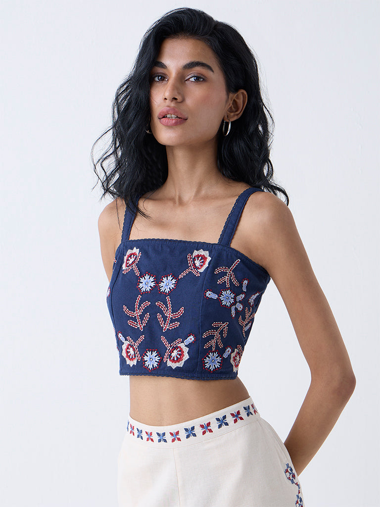 Bombay Paisley Indigo Floral Embroidered Cotton-Blend Top