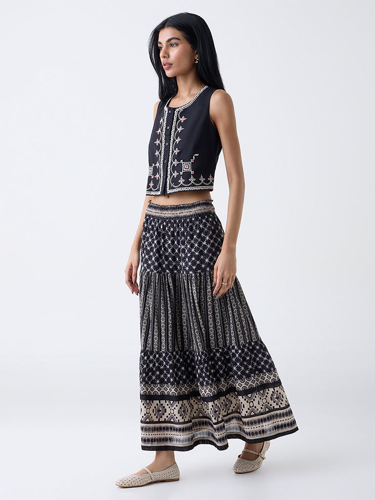 Bombay Paisley Black Printed Tiered Cotton Skirt