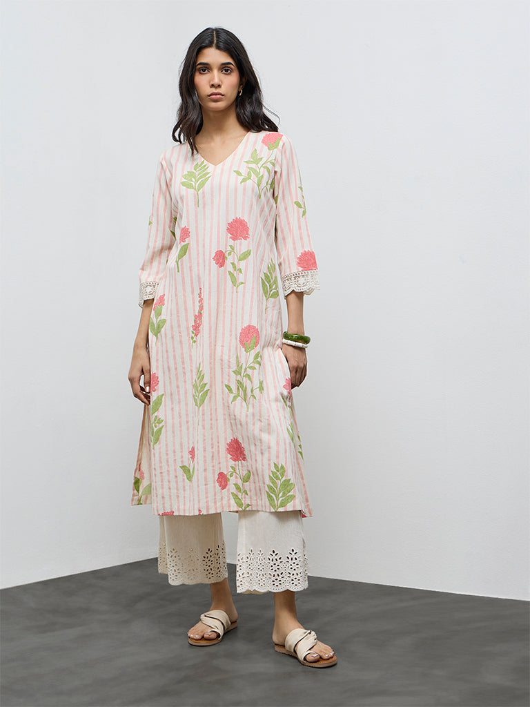 Utsa Coral Floral Pattern Cotton-Blend A-Line Kurta