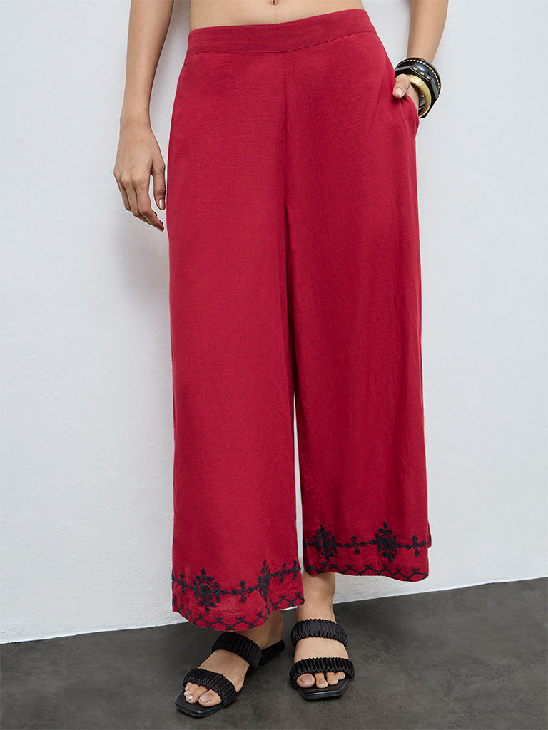 Utsa Red Floral Embroidered Cotton Pants