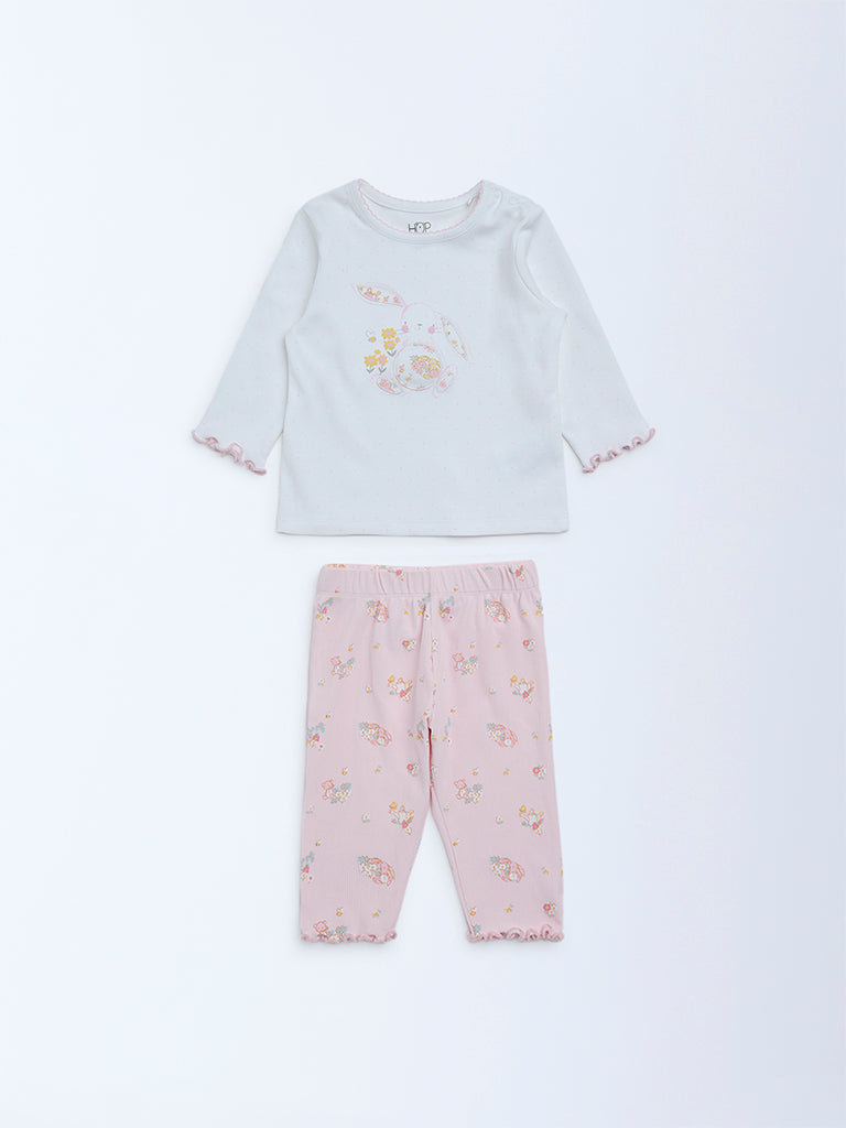 HOP Baby Girls Pink Cotton T-Shirt and Pants Set