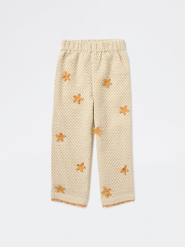 HOP Kids Girls Cream Crochet-Knit Mid-Rise Cotton Pants