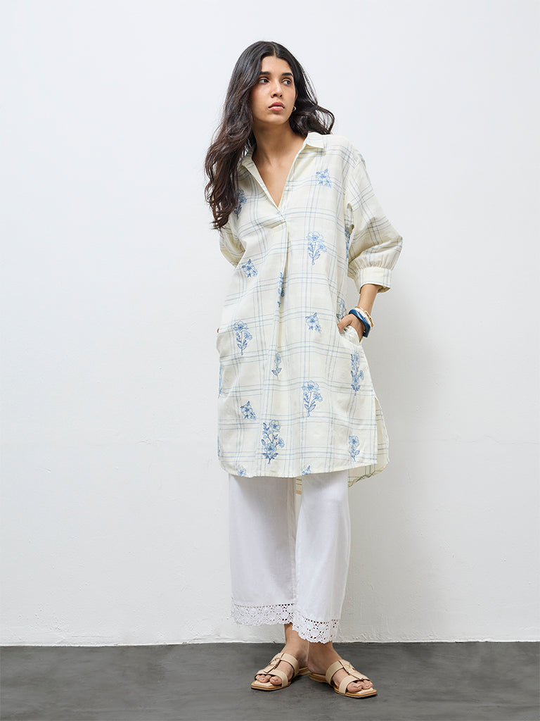 Utsa Off-White Floral Embroidered Cotton Kurta