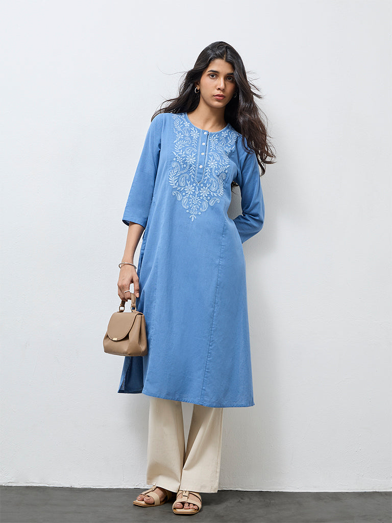 Utsa Blue Floral Embroidered Cotton-Blend A-Line Kurta