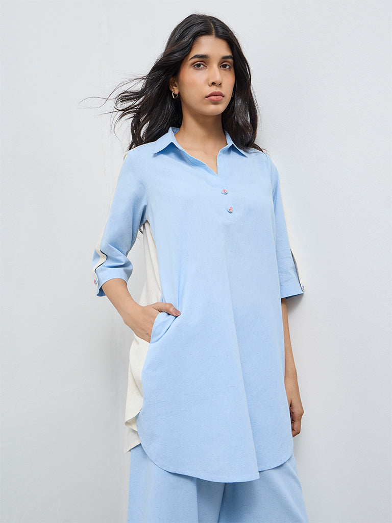 Utsa Light Blue Striped Cotton-Blend A-Line Kurta