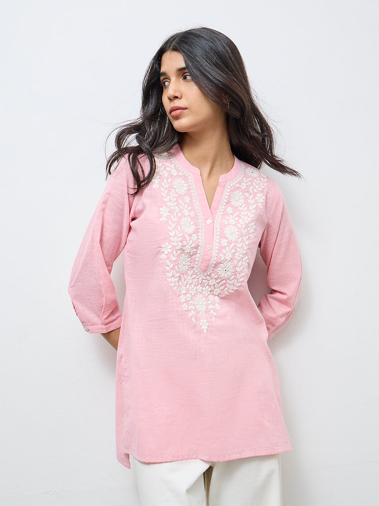 Utsa Dusty Pink Floral Embroidered Cotton Tunic