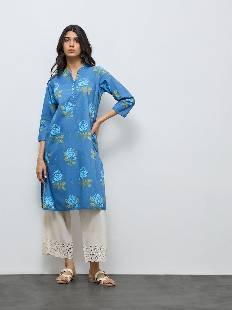 Utsa Dusty Blue Floral Printed Cotton Straight Kurta