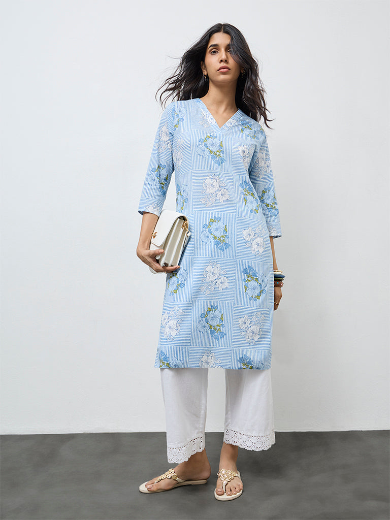 Utsa Light Blue Floral Cotton Straight Kurta