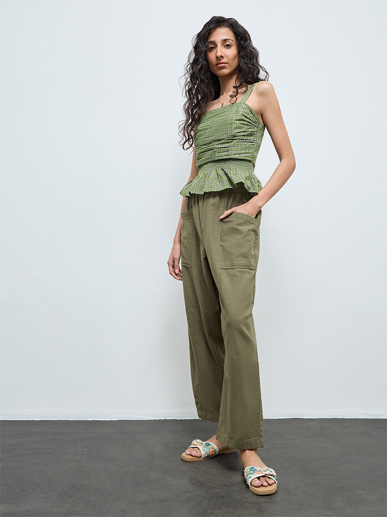 Bombay Paisley Olive Solid High-Rise Cotton-Blend Pants