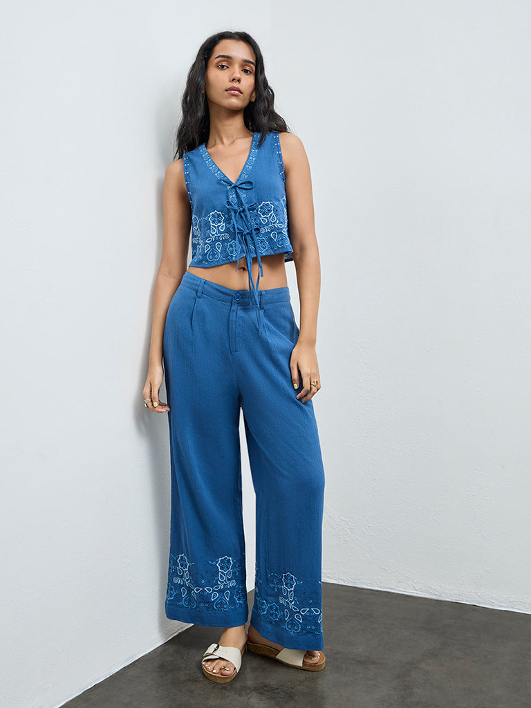 Bombay Paisley Blue Floral Embroidered Cotton Palazzos