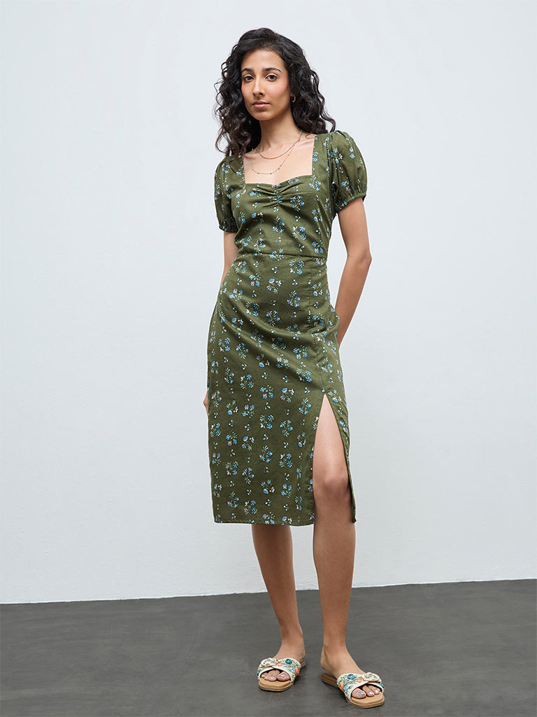 Bombay Paisley Olive Floral Cotton A-Line Dress