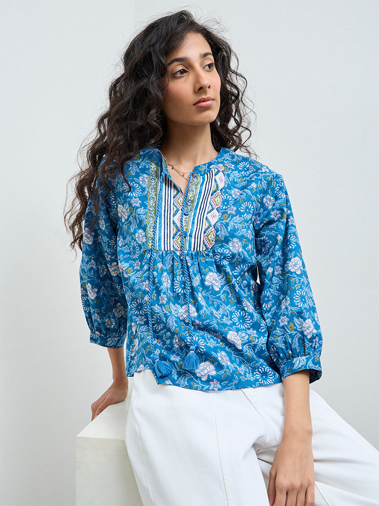 Bombay Paisley Blue Foliage Printed Cotton Top
