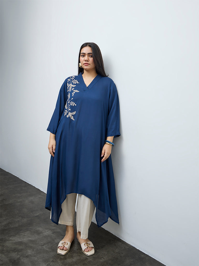 Diza Indigo Floral Embroidered High-Low Kurta