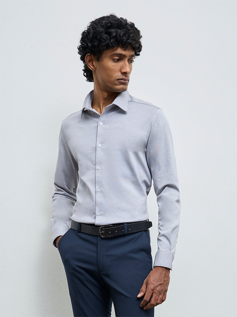 WES Formals Grey Slim-Fit Cotton-Blend Shirt