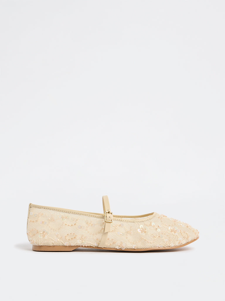 LUNA BLU Ivory Floral Embellished Mary Jane Shoes