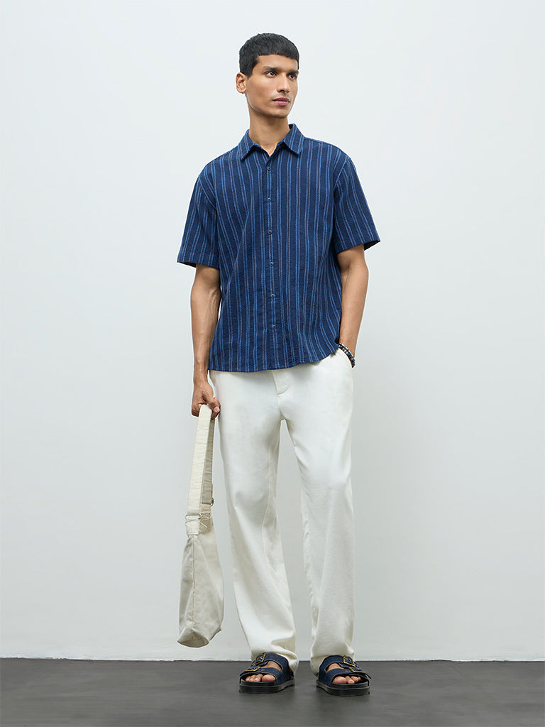 ETA Indigo Striped Printed Relaxed-Fit Cotton-Blend Shirt