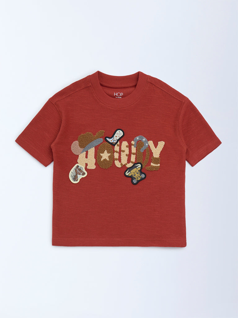 HOP Kids Boys Rust Embroidered Cotton T-Shirt