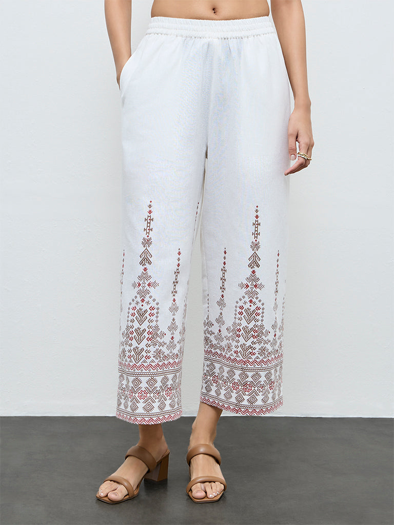Utsa Beige Printed Cotton-Blend Pants