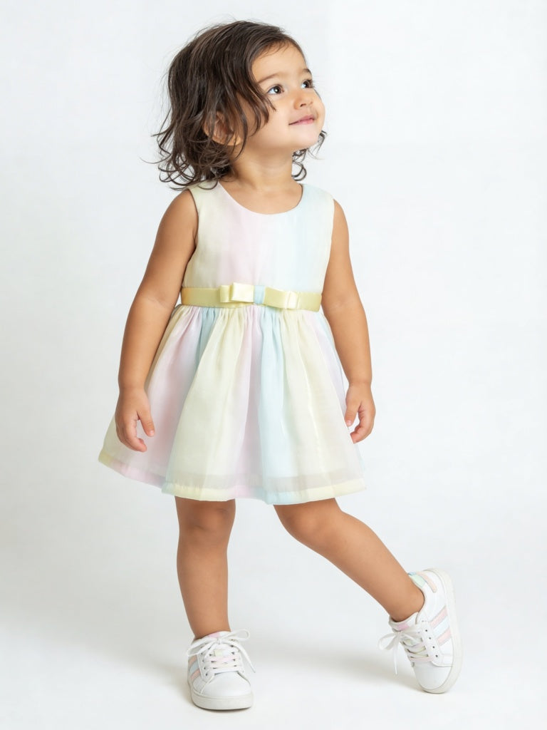 HOP Baby Girls Multicolour Bow-Detailed Mesh Dress