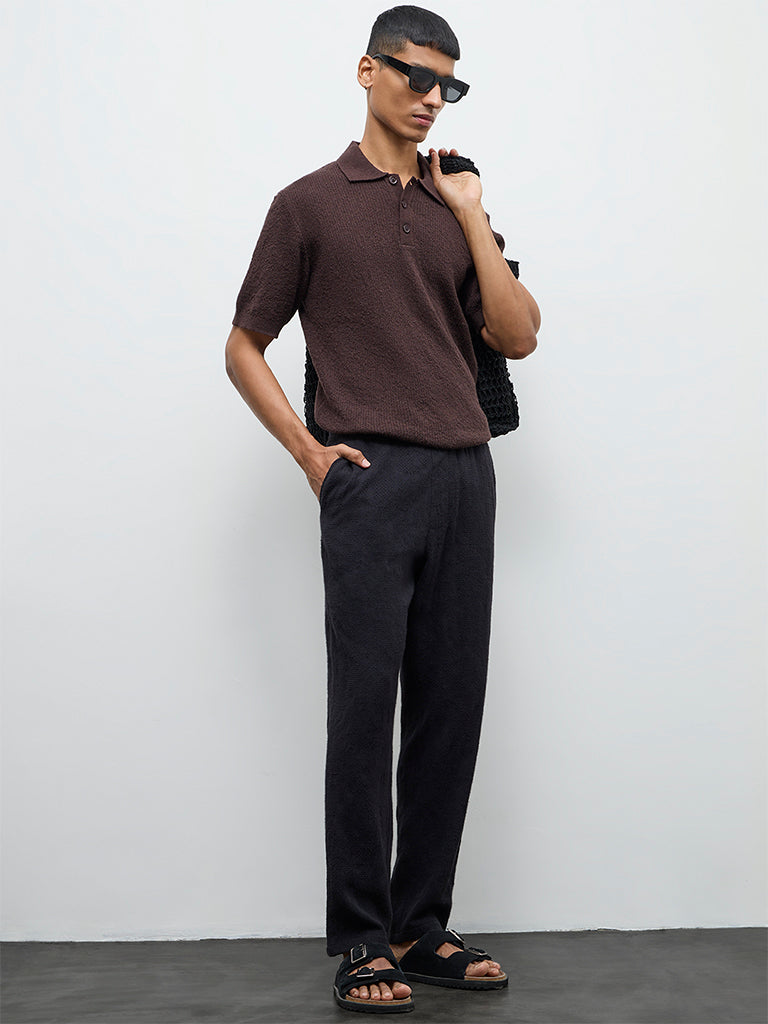 ETA Black Textured Relaxed-Fit Mid-Rise Cotton Chinos