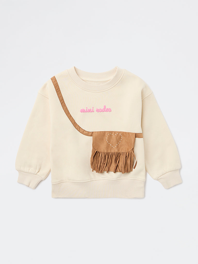 HOP Kids Girls Beige Embroidered Cotton-Blend Sweatshirt