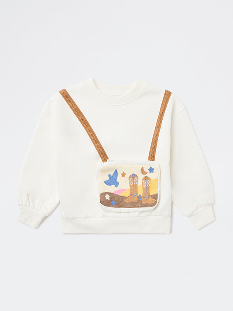 HOP Kids Girls White Embroidered Cotton-Blend Sweatshirt