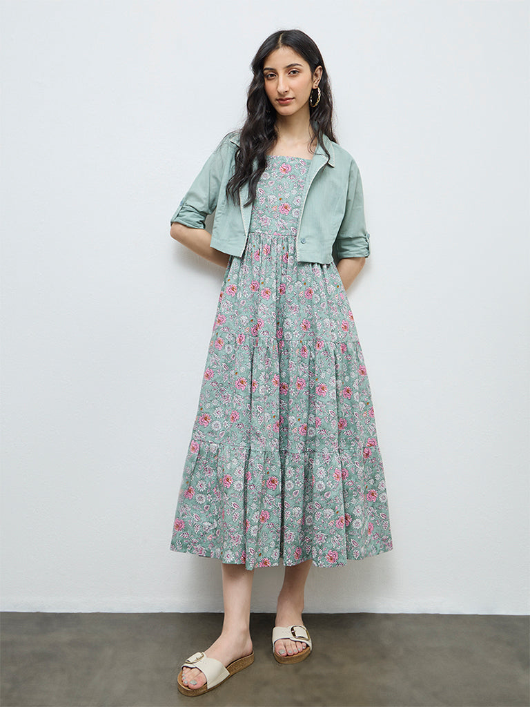 Bombay Paisley Mint Floral Cotton Tiered Dress with Jacket