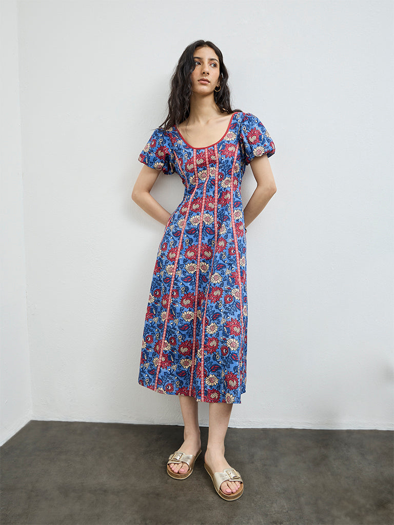 Bombay Paisley Blue Floral Cotton-Blend A-Line Dress