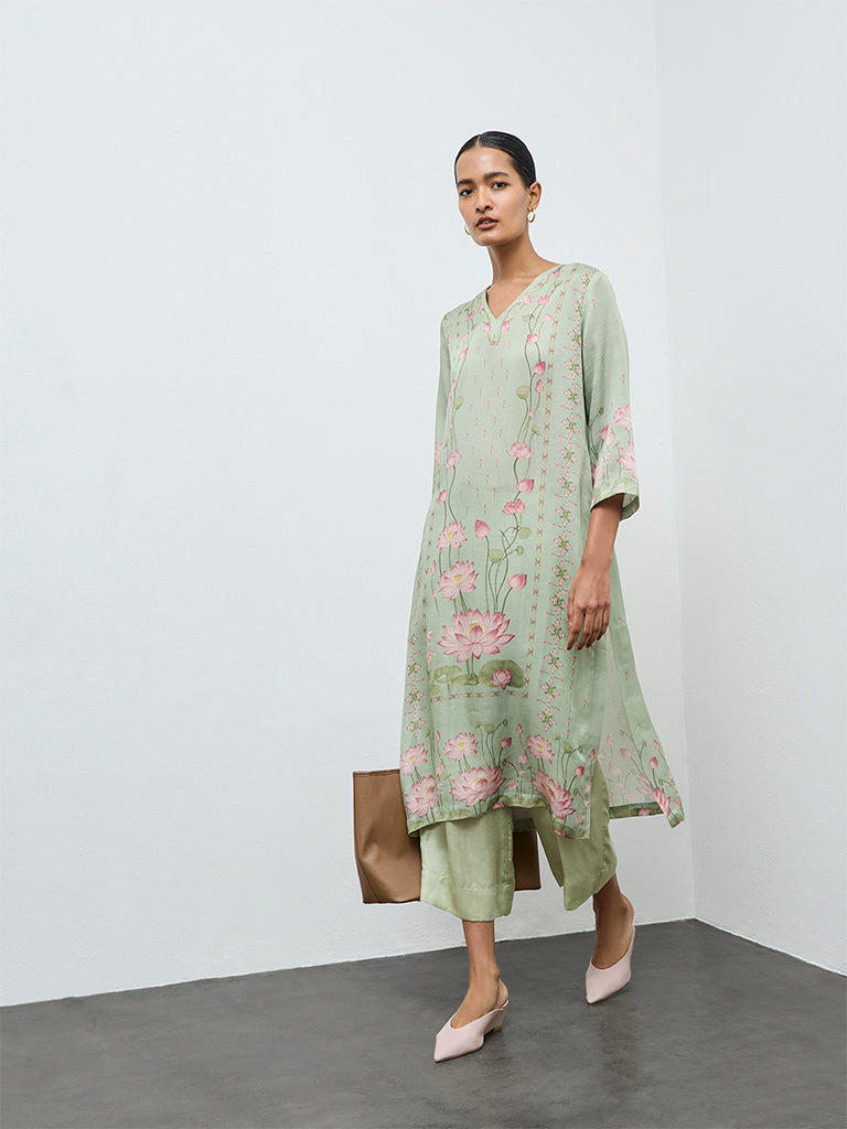 Zuba Green Floral Printed A-Line Kurta
