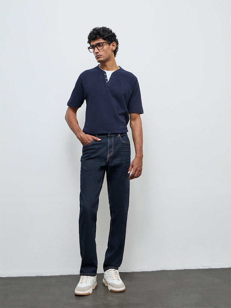 WES Casuals Dark Blue Relaxed Fit Mid-Rise Jeans