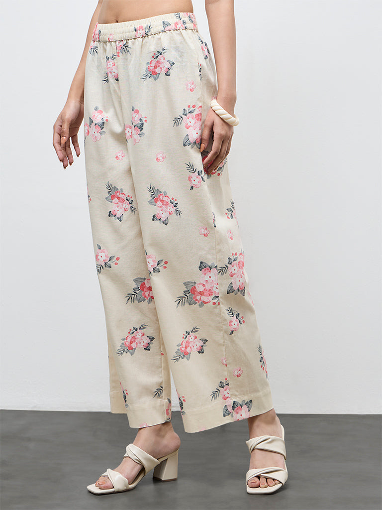 Utsa Cream Floral Design Cotton-Blend Pants