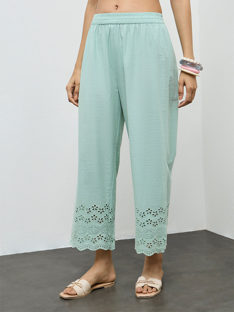 Utsa Aqua Schiffli Embroidered Cotton-Blend Pants