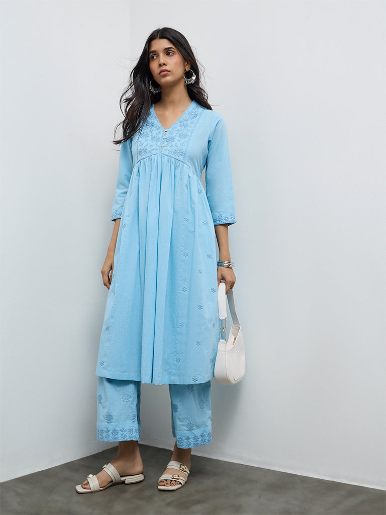 Utsa Blue Floral Embroidered Cotton A-Line Kurta