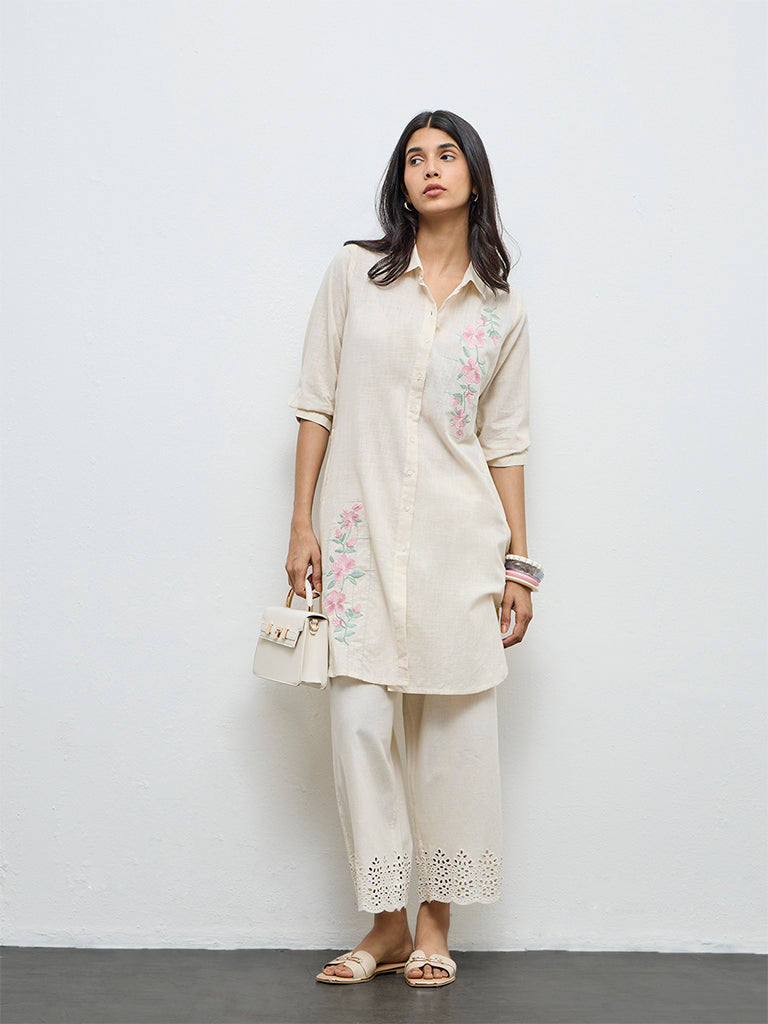 Utsa Light Beige Floral Embroidered Cotton Straight Kurta