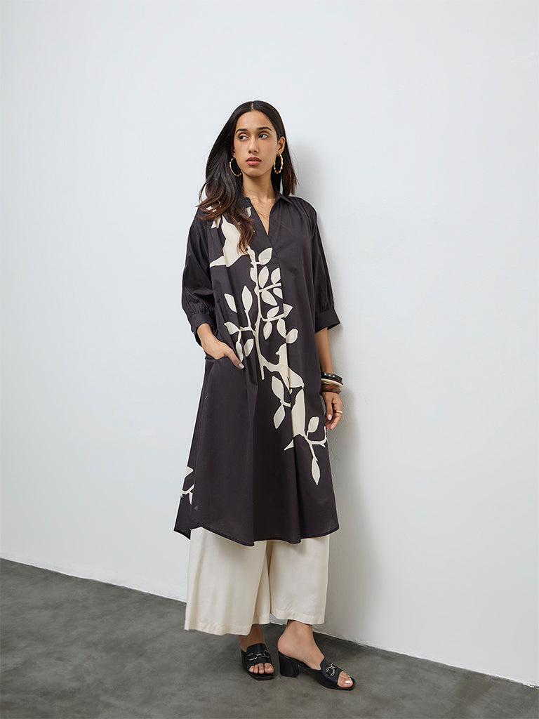 Utsa Black Foliage Printed Cotton A-Line Kurta