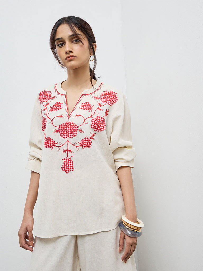 Utsa Off-White Floral Embroidered Cotton-Blend Tunic