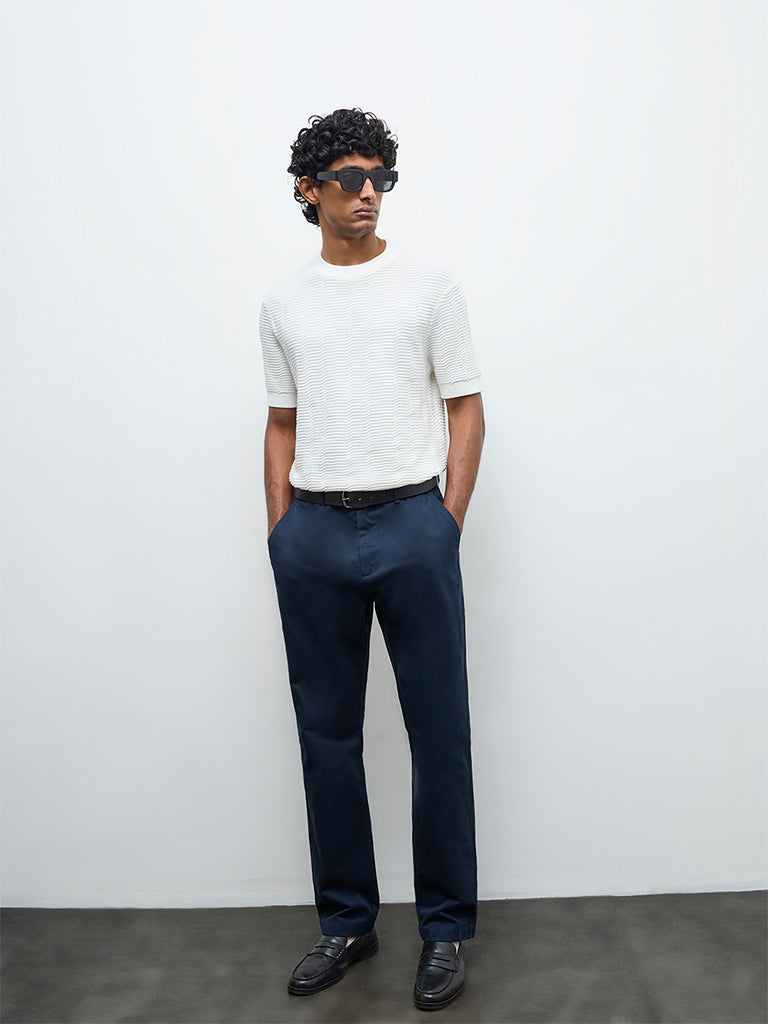 Ascot Navy Relaxed-Fit Mid-Rise Cotton Trousers