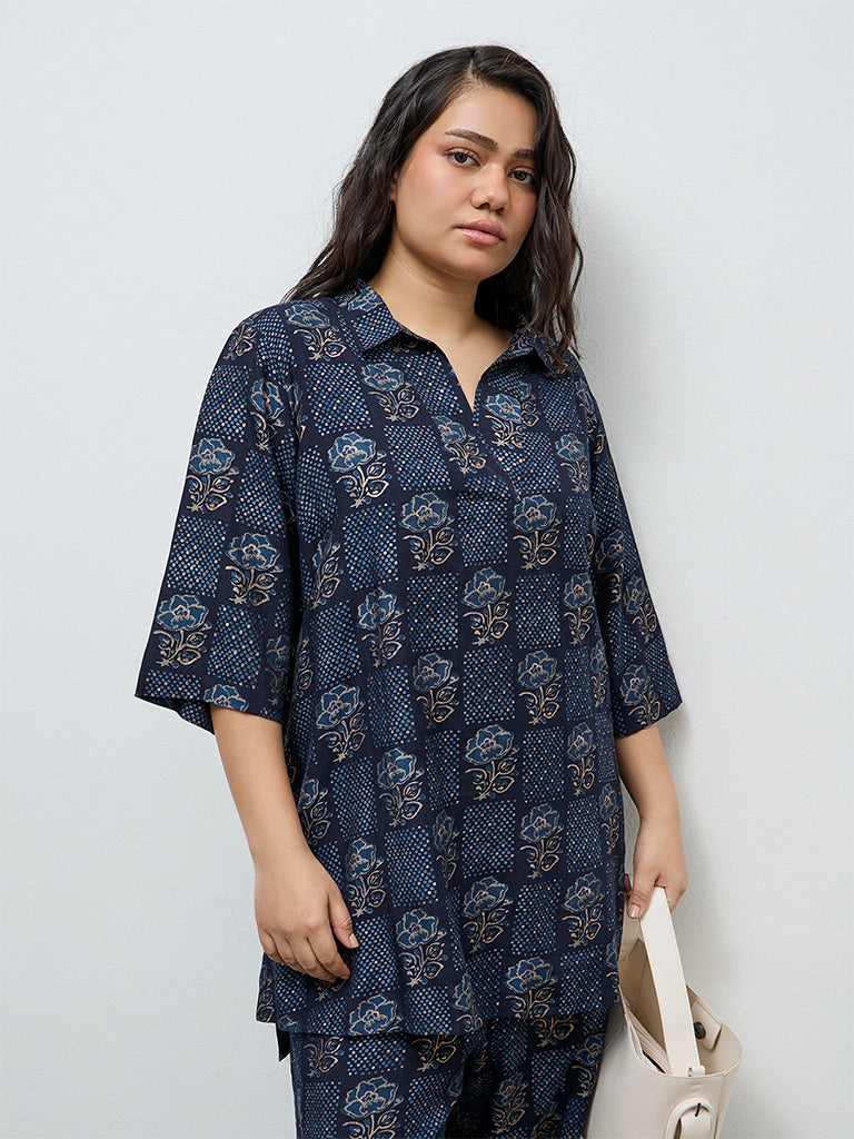 Diza Dark Blue Floral Printed High-Low Tunic