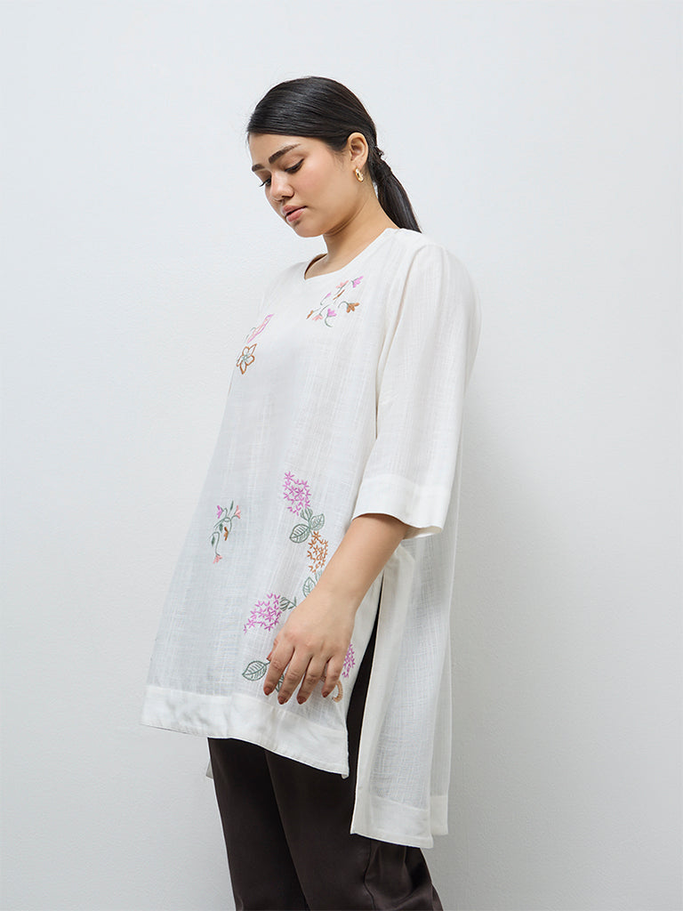 Diza White Floral Embroidered High-Low Tunic