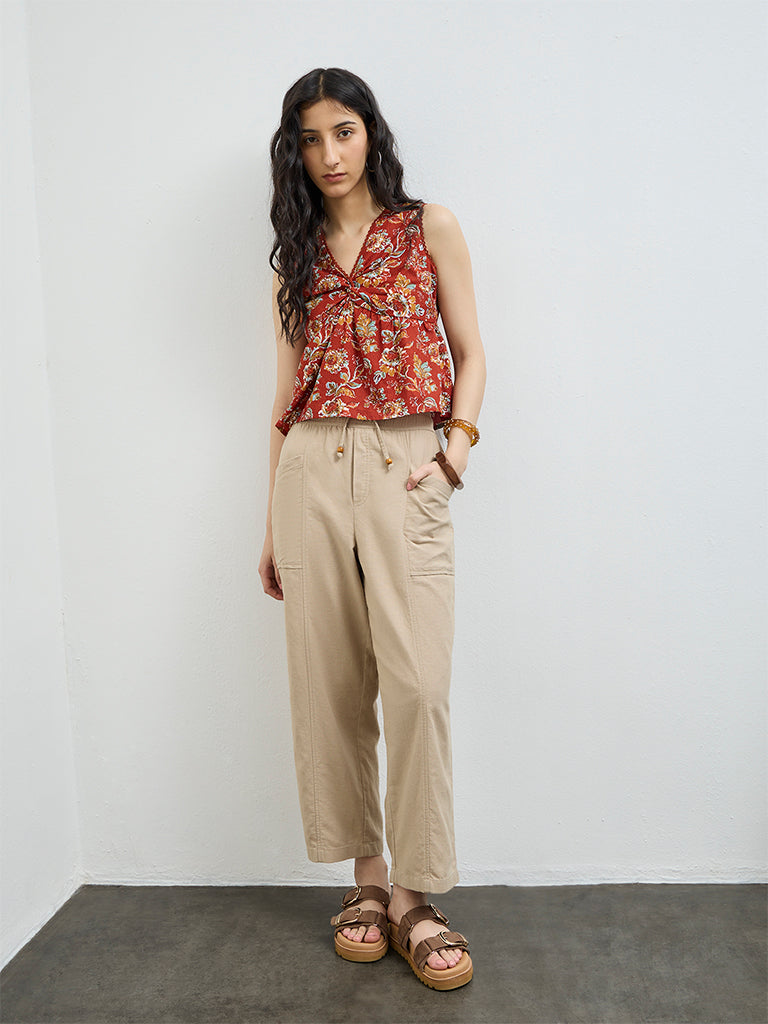 Bombay Paisley Beige Solid Cotton-Blend Pants