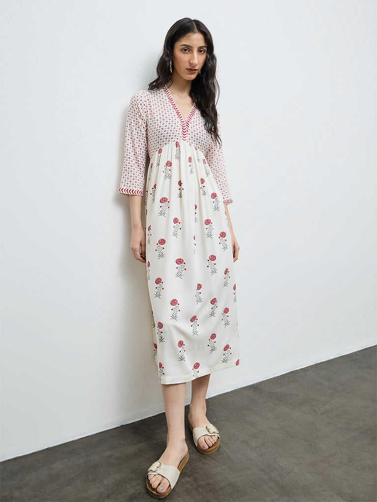 Bombay Paisley Off-White Floral Empire-Line Dress