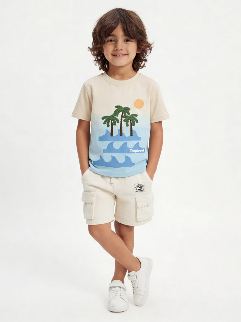 HOP Kids Boys Blue Tropical Printed Cotton T-Shirt